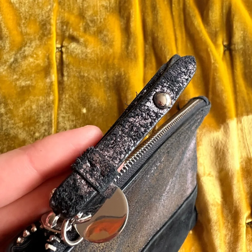 Jigsaw Metallic Pewter and Black Suede Leather Wristlet Zipper Pouch